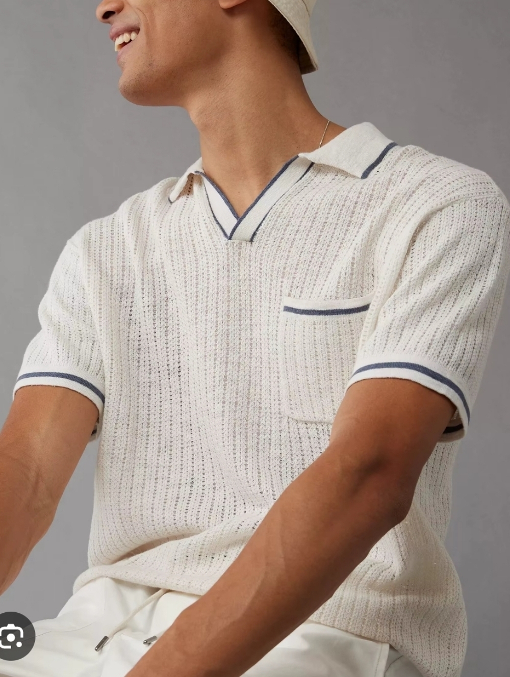 Men's Cream V-Neck Short Sleeve Knit Polo Sweater